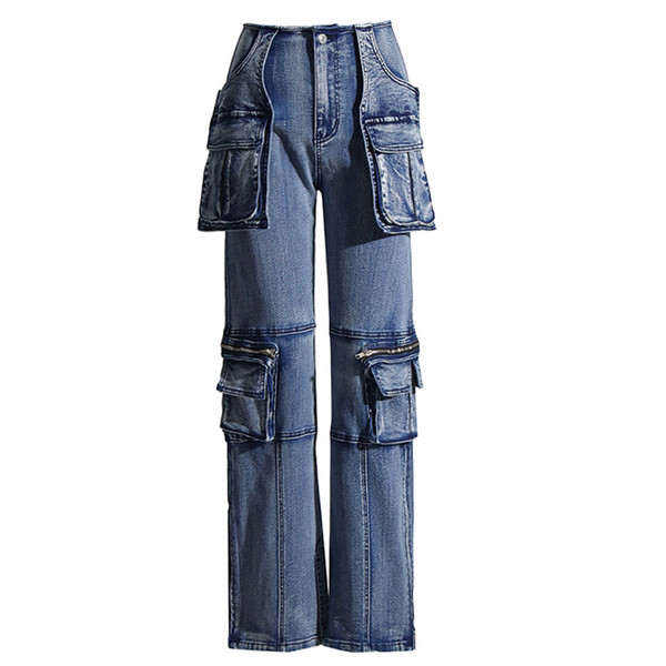 KAMFE HOM-Stretch Cargo Straight Leg Side Zipper Slit Denim High Waist Jean -Light Blue