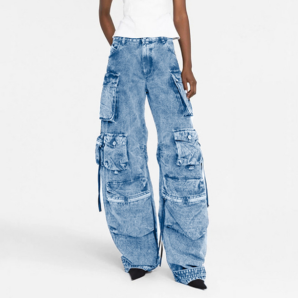 KAMFE HOM Splicing Multi-Pocket Overalls Street Long Wide Leg Denim Pants - Light Blue