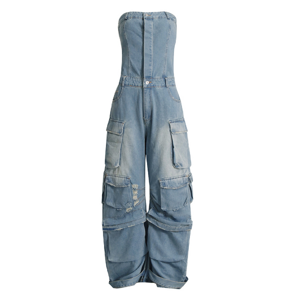 KAMFE HOM Street Style Tube Top Multi-Pocket Denim Overalls Jumpsuit - Light Blue