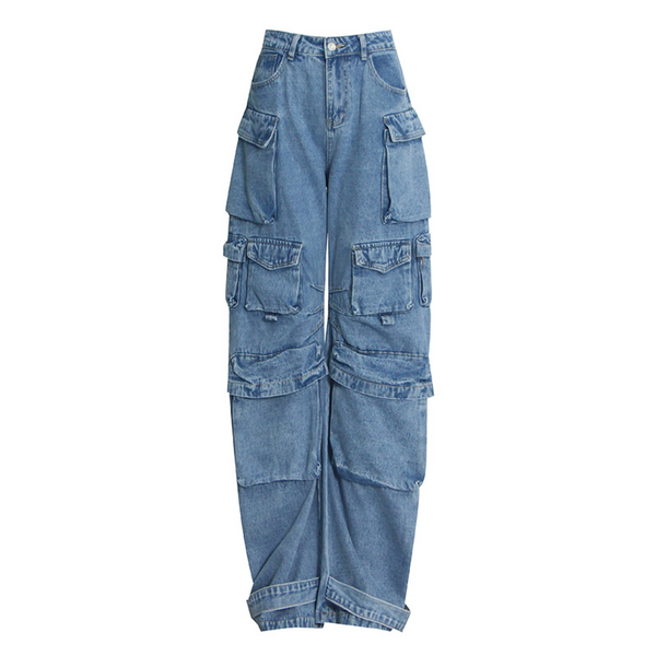 KAMFE HOM Splicing Multi-Pocket Overalls Street Long Wide Leg Denim Pants - Light Blue