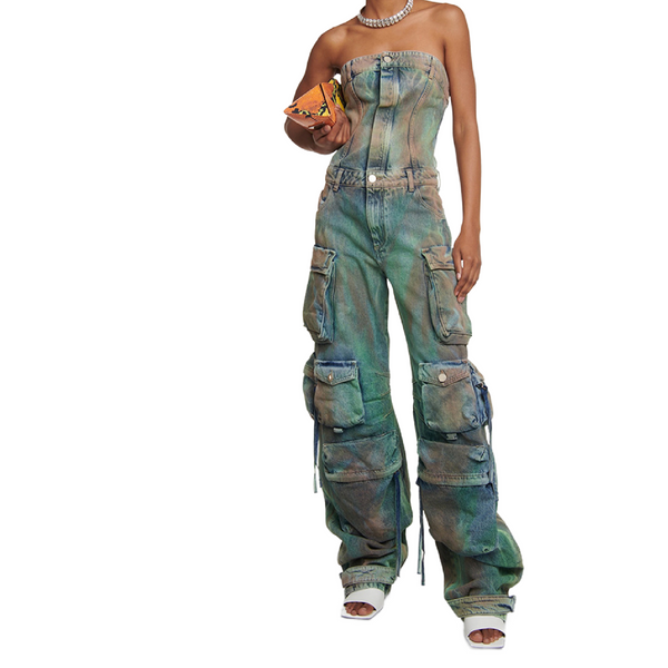 New Street Style Tube Top Multi-Pocket Denim Overalls Jumpsuit Dirty Green