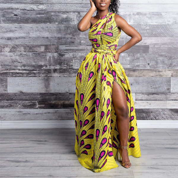 Elegant Feather Print Lightweight African Dress -Slit Long Skirt-Yellow