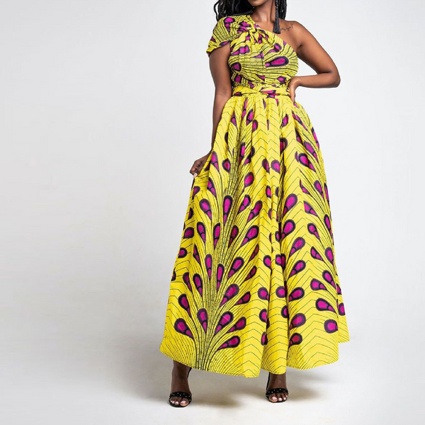 Elegant Feather Print Lightweight African Dress -Slit Long Skirt-Yellow