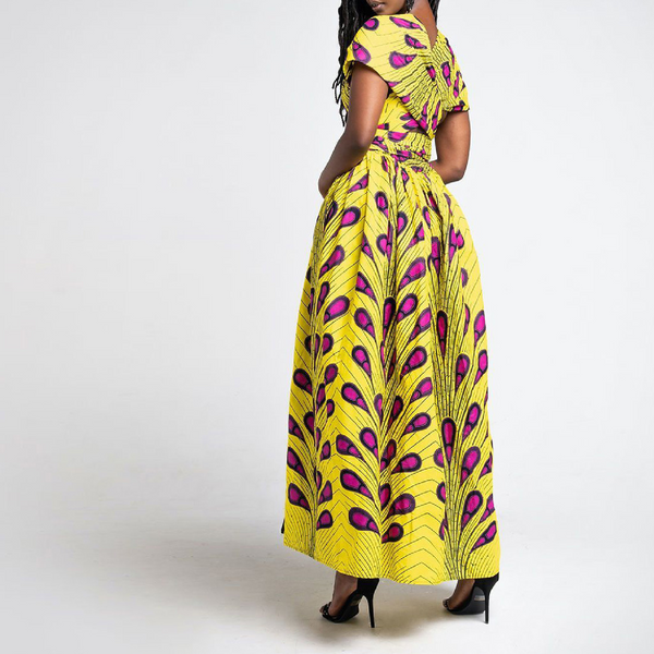 Elegant Feather Print Lightweight African Dress -Slit Long Skirt-Yellow