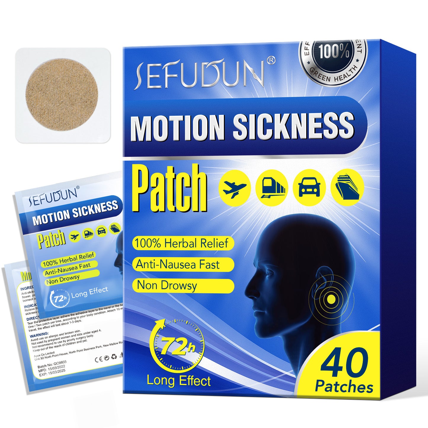 SEFUDUN-Motion Sickness Patch -Anti-Nausea Herbal Relief -40 Patches