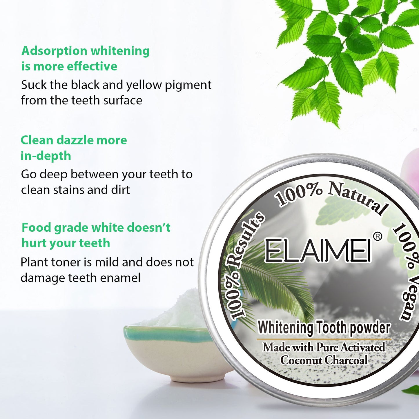 ELAIMEI - Coconut Bamboo Black Tooth Whitening Organic Activated Charcoal Powder