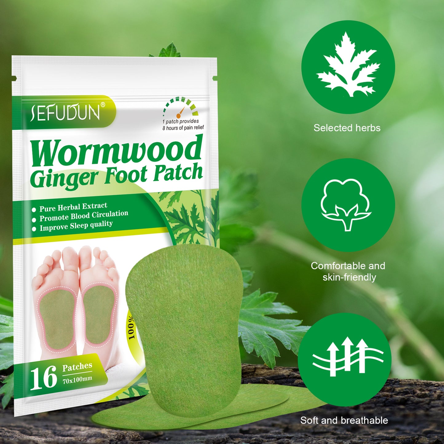 SEFUDUN - Wormwood Ginger Foot Patch Pain Relief-Promote Blood Circulation-12 Patches