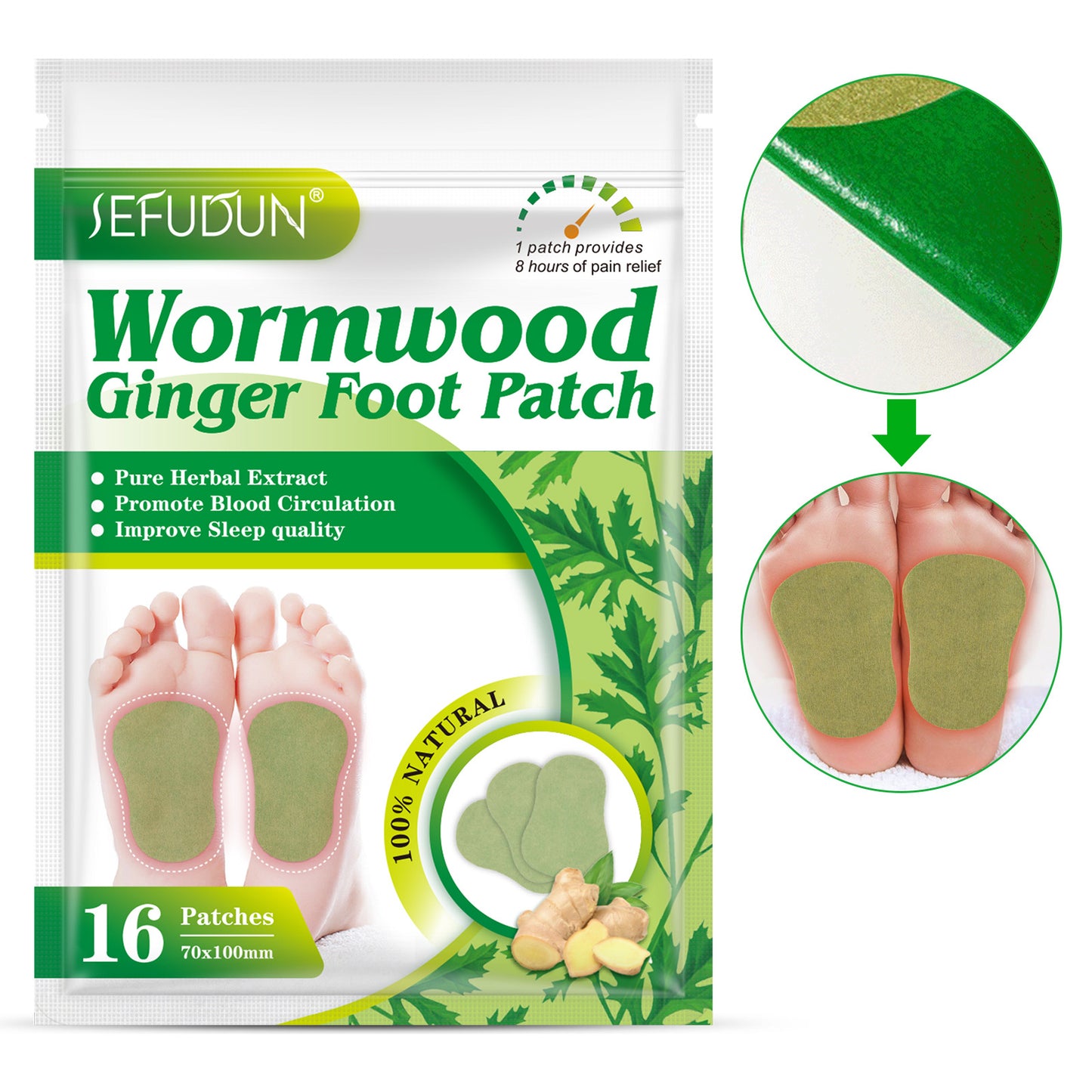 SEFUDUN - Wormwood Ginger Foot Patch Pain Relief-Promote Blood Circulation-12 Patches