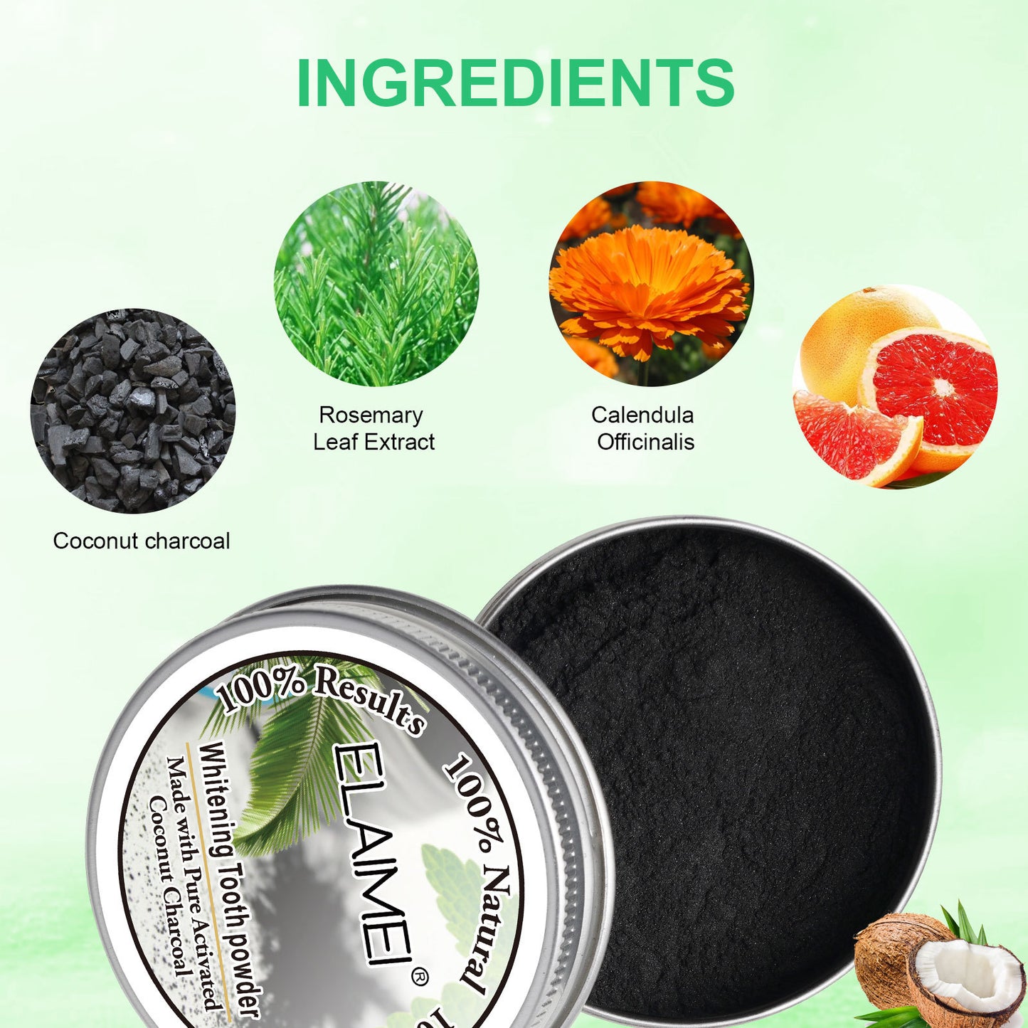 ELAIMEI - Coconut Bamboo Black Tooth Whitening Organic Activated Charcoal Powder