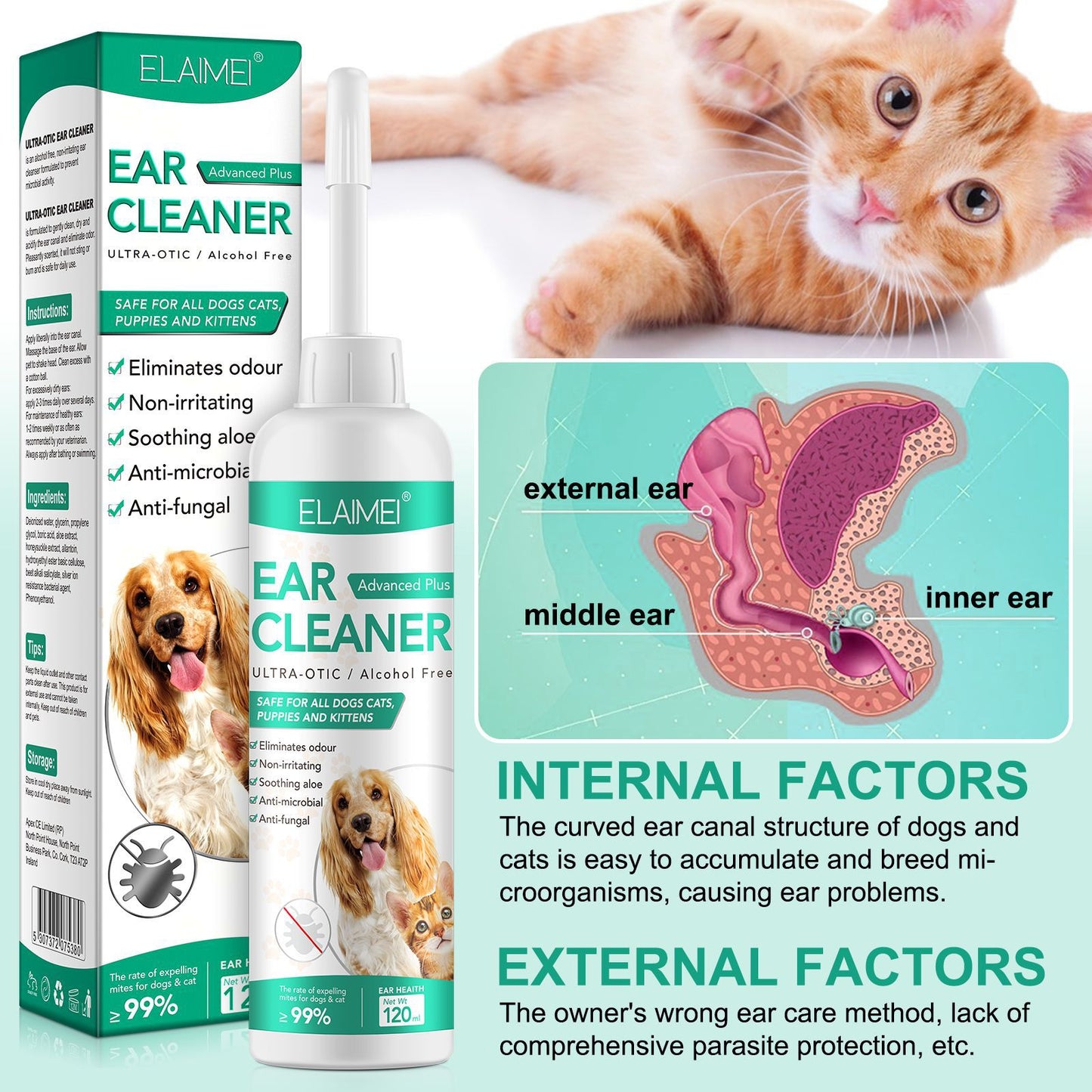 ELAIMEI - Pet Ear Cleaner- Ultra-Otic Alcohol Free -Eliminates odour