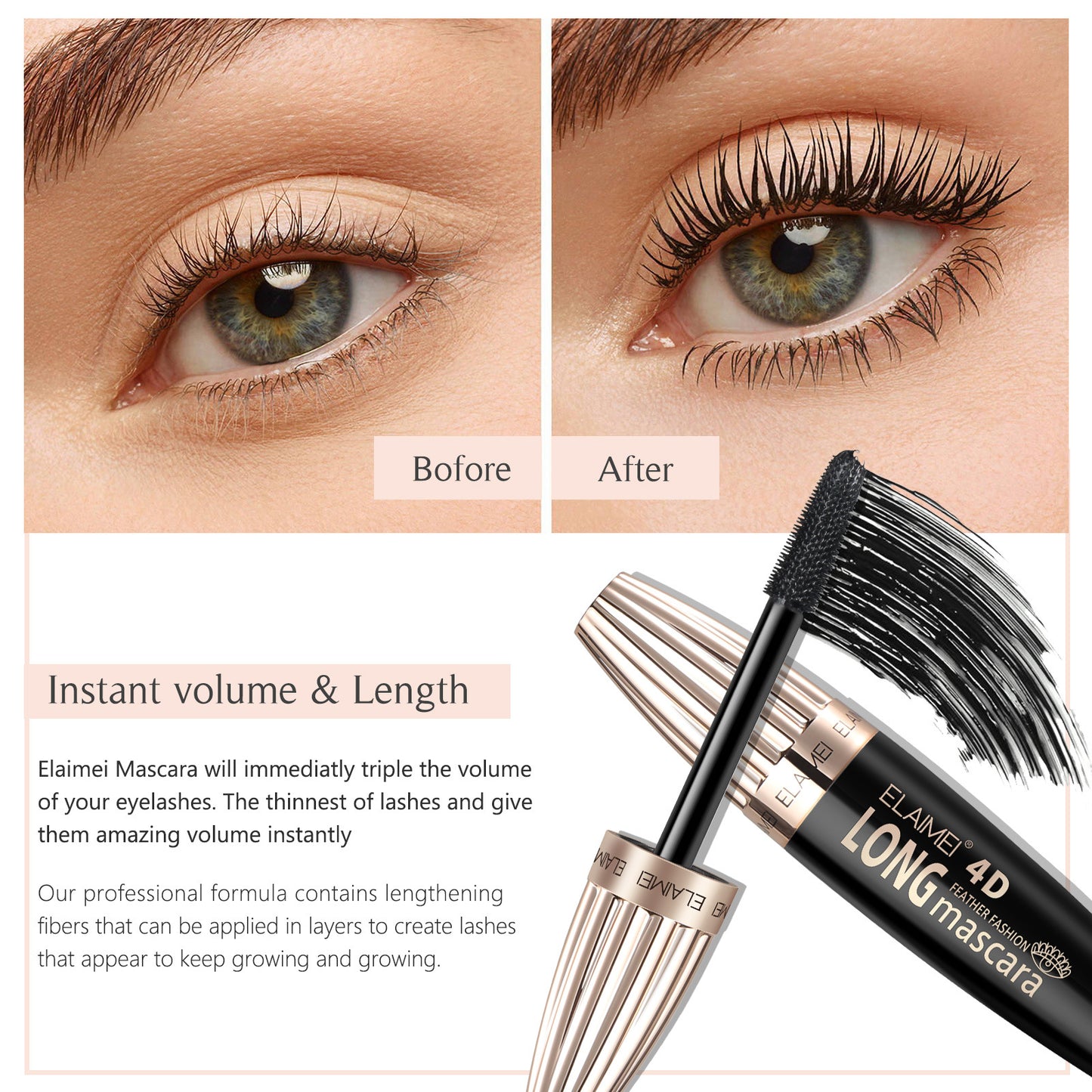 ELAIMEI - 4D Long Volume Mascara -Thicker Longer and Curl Lashes-Intense Volume