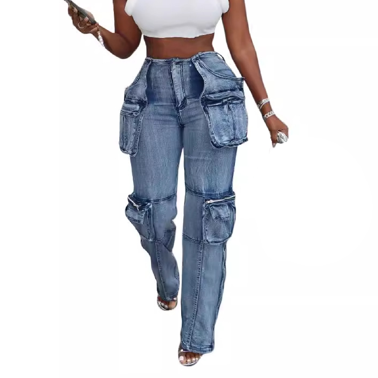 KAMFE HOM-Stretch Cargo Straight Leg Side Zipper Slit Denim High Waist Jean -Light Blue