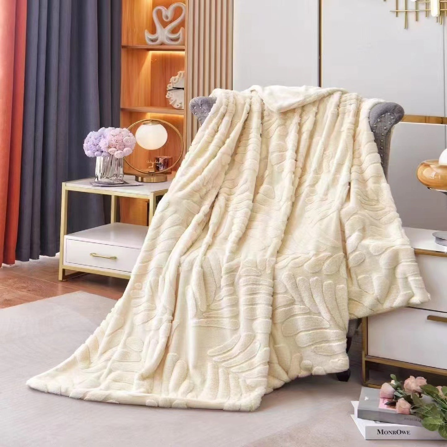 New Rabbit Fur - Banana leaf Design - Double Layer Thickened Rabbit Fur Blanket Throw - High Weight Blanket Comfortable and Warm - 200 x 230cm