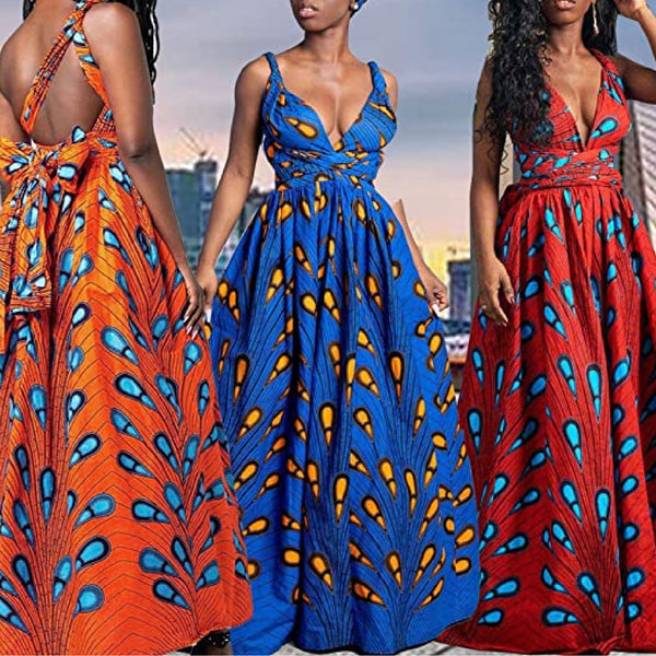 Elegant Feather Print Lightweight African Dress -Slit Long Skirt-Blue