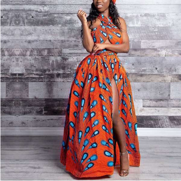 Elegant Feather Print Lightweight African Dress -Slit Long Skirt-Orange