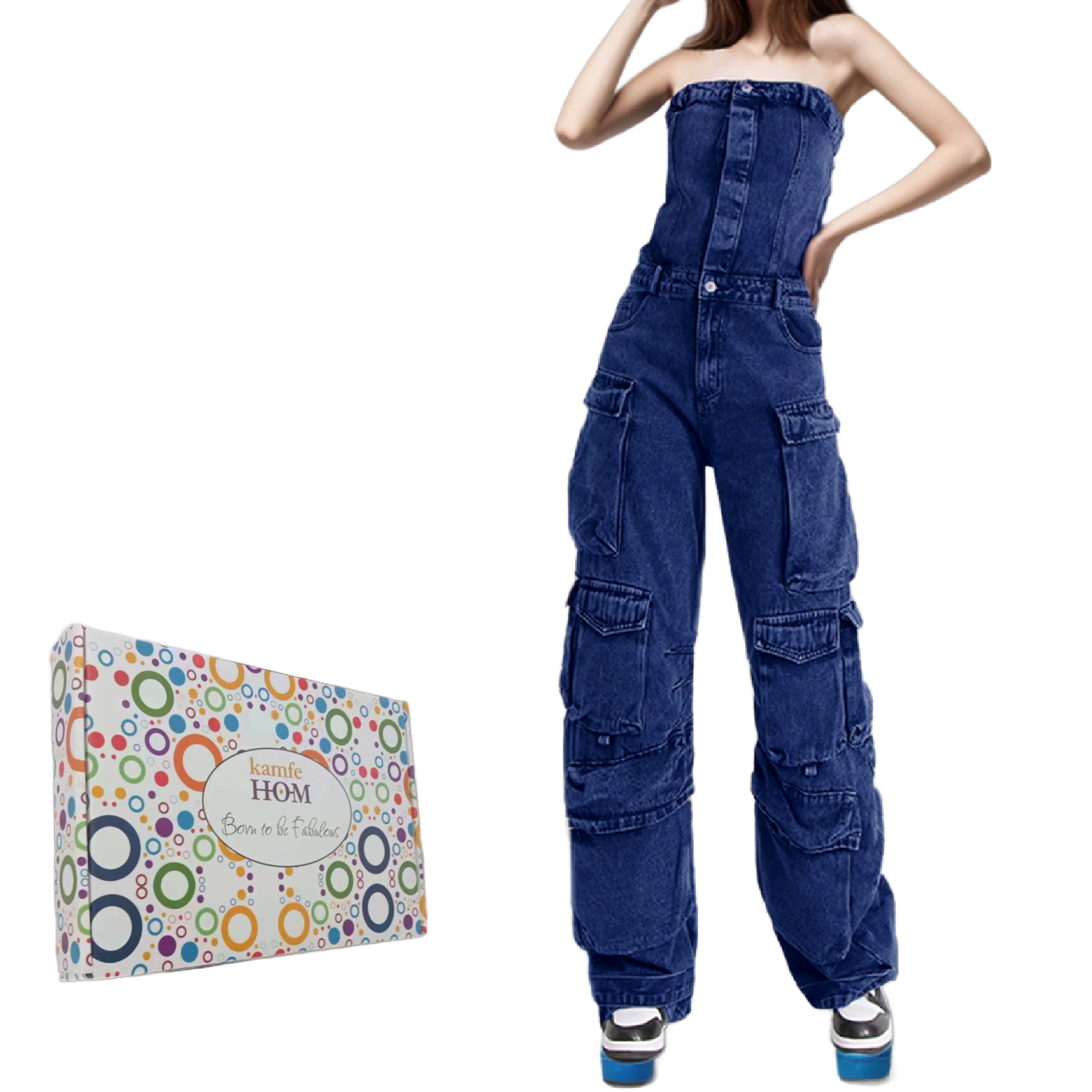 KAMFE HOM Street Style Tube Top Multi-Pocket Denim Overalls Jumpsuit -Blue