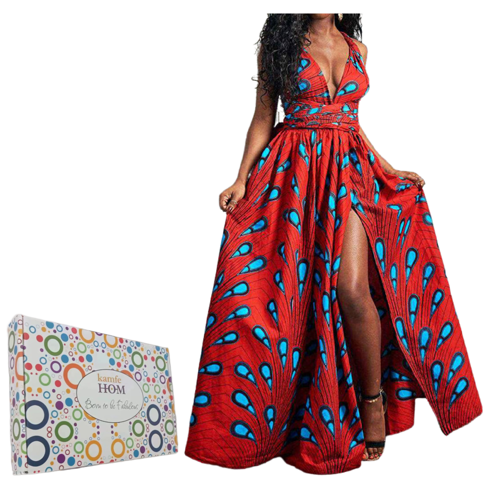 Elegant Feather Print Lightweight African Dress -Slit Long Skirt-Red