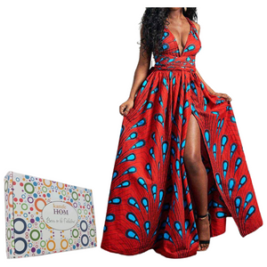 Elegant Feather Print Lightweight African Dress -Slit Long Skirt-Red