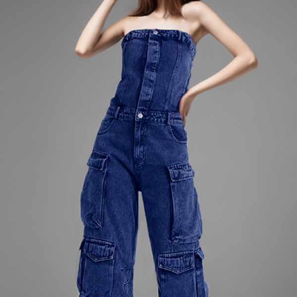 KAMFE HOM Street Style Tube Top Multi-Pocket Denim Overalls Jumpsuit -Blue